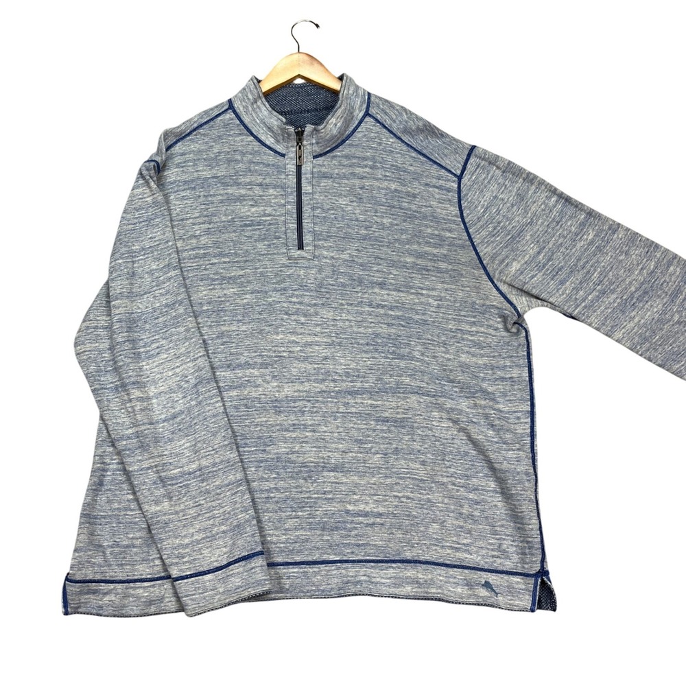 Tommy Bahama Pullover Mens XL Blue Heathered Quarter Zip‎ Herringbone Reversible
